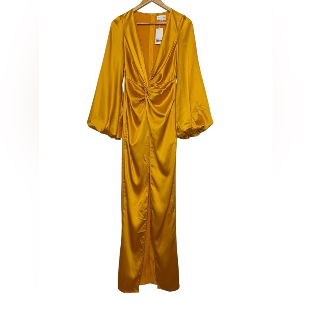NWT Yellow Gown Satin Dress Maxi Long Sleeve Sexy Wedding Guest Formal Size S - Picture 5 of 16